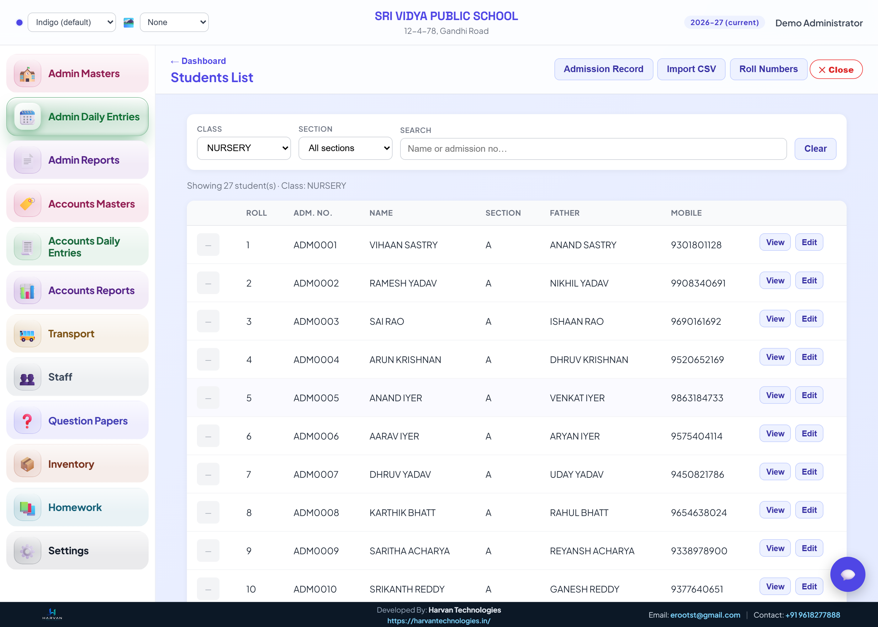 The e-Roots Students List screen, showing a class of students